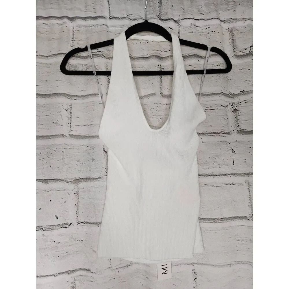 Minkpink New Stretchy Solid White Ribbed Knit Halter Top Womens Large